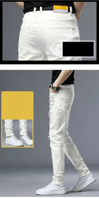 Spring Summer White Hot Drill Ripped Cowboy Korean Style Streetwear Men Washed Luxury Holes Slim Hip-hop Stylish Jeans Trousers
