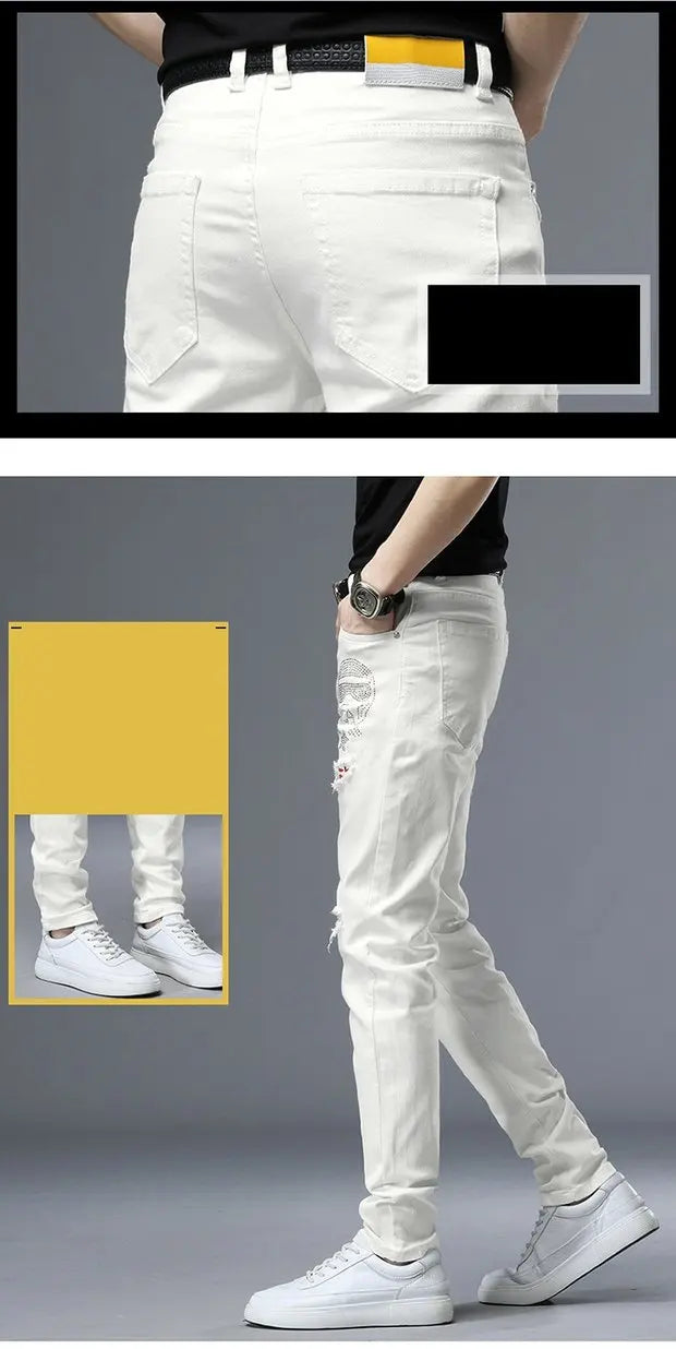 Spring Summer White Hot Drill Ripped Cowboy Korean Style Streetwear Men Washed Luxury Holes Slim Hip-hop Stylish Jeans Trousers