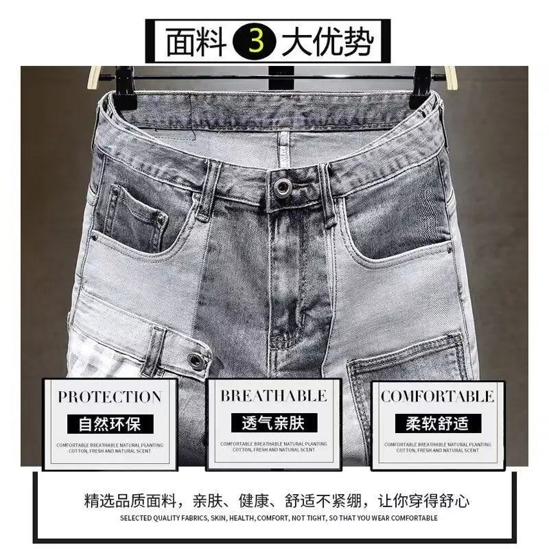Summer 2025 Retro Luxury Man Washed Splicing Denim Shorts Men's Loose Straight Ins Patchwork Cowboy Trendy Casual Short Pants