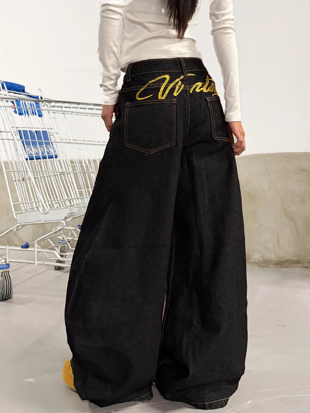 American Retro Star And Letter Embroidery Black Baggy Cocoon Pants  Women Y2K Street Trendy Fashion Versatile Wide-Leg Pants