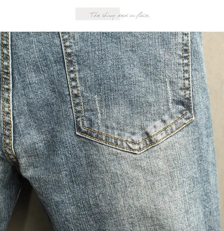 Men's Cropped Jeans Slim Fit Korean Trendy 2026 Spring Summer Blue Youth Trendy High-end Motorcycle Pants Men Man Trousers