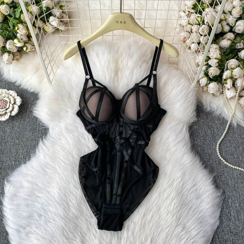 Sexy spicy girl with chest cushion jumpsuit women's summer new see through mesh slimming sexy niche design camisole vest
