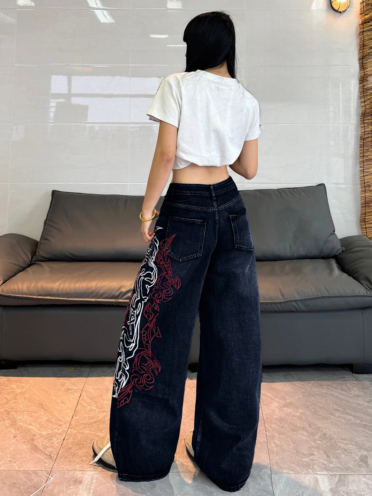 American Retro Two-Color Totem Embroidered Women's Loose Wide-Leg Jeans Y2K Trendy Street Fashion Versatile High-Waisted Trousers