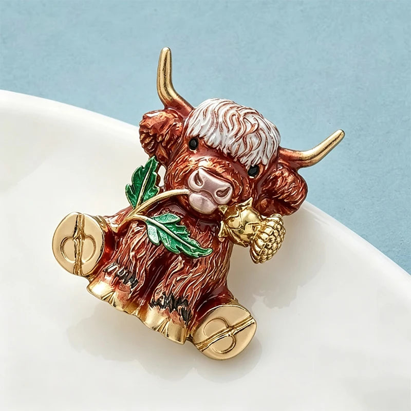 PENDRA Thistle Cow Enamel Animal Brooch