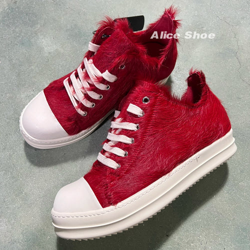 Outdoor Casual Men Shoe Horse Fur Leather Women Sneaker Red Low Top Lace Up Designer Shoe Brand Thick-sole Flat Dress Shoe