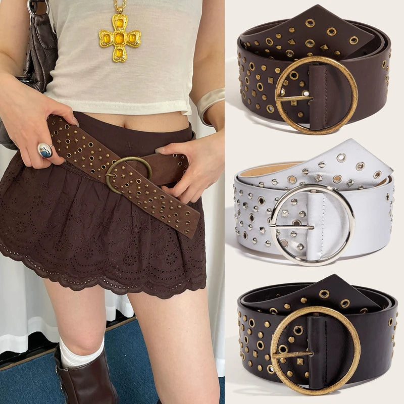Vintage PU Leather Rivet Pin Buckle Belt Women Western Cowgirl Punk Wide Waistband for Dress Skirts Jeans Clothes Accessories