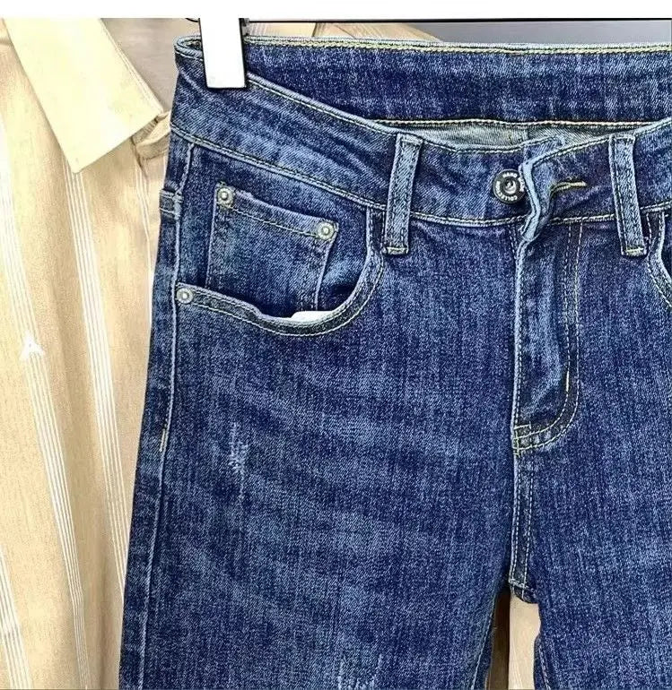Korean Luxury Clothing Jeans Men's Autumn New High-end Brand Slim-fitting Small Feet Blue Washed Retro Ruffian Handsome Trousers