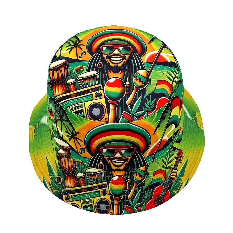 PENDRA Hip-hop Jamaican Character Print Double-sided Bucket Lightweight Fisherman Bucket Hat