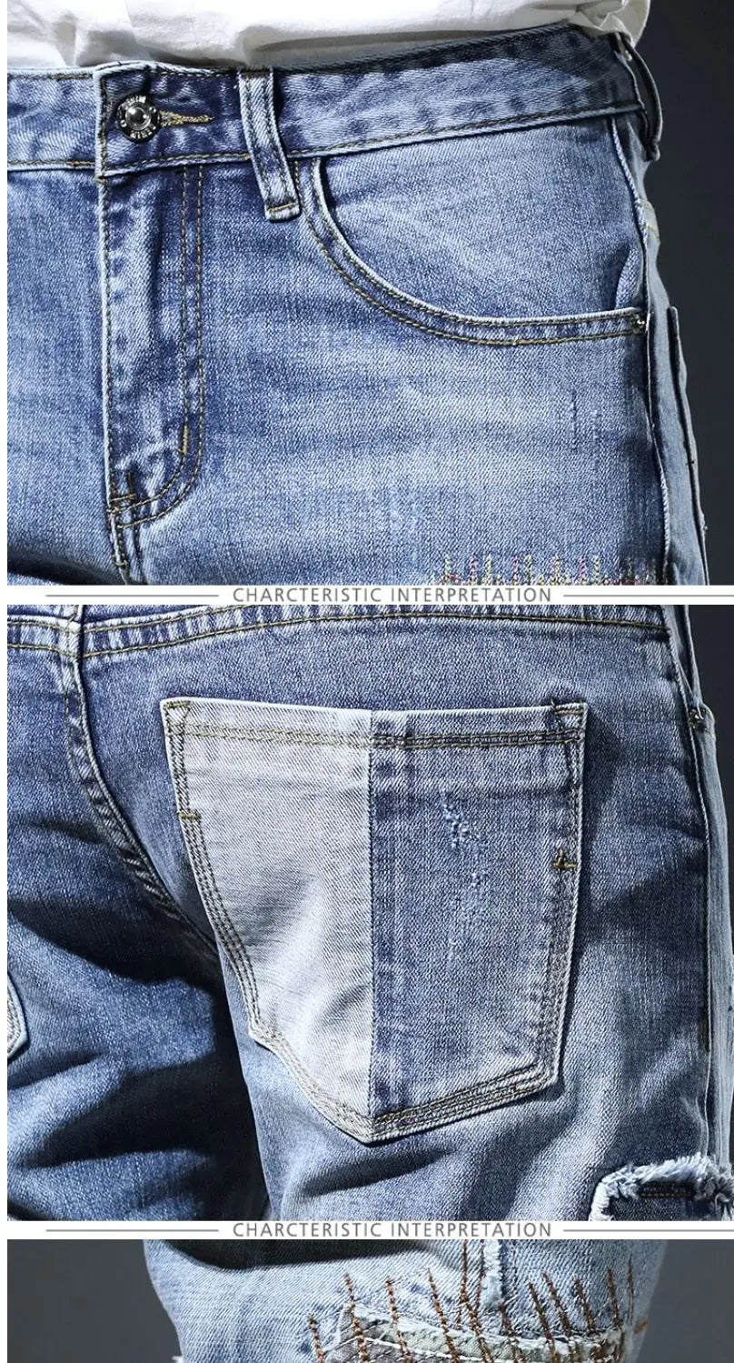 Autumn New Arrival Men's Jeans: Elastic Embroidered Patchwork Hip Hop Denim Pants Korean Style Slim Fit Cotton Trousers for Men