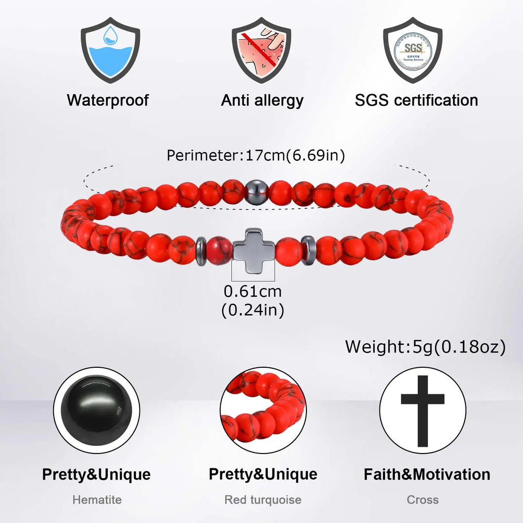 Gallstone Cross Beaded Bracelet for Men Boys,4mm Red Pine Stone Black Onyx Elastic Wristband,Simple Stackable Jewelry