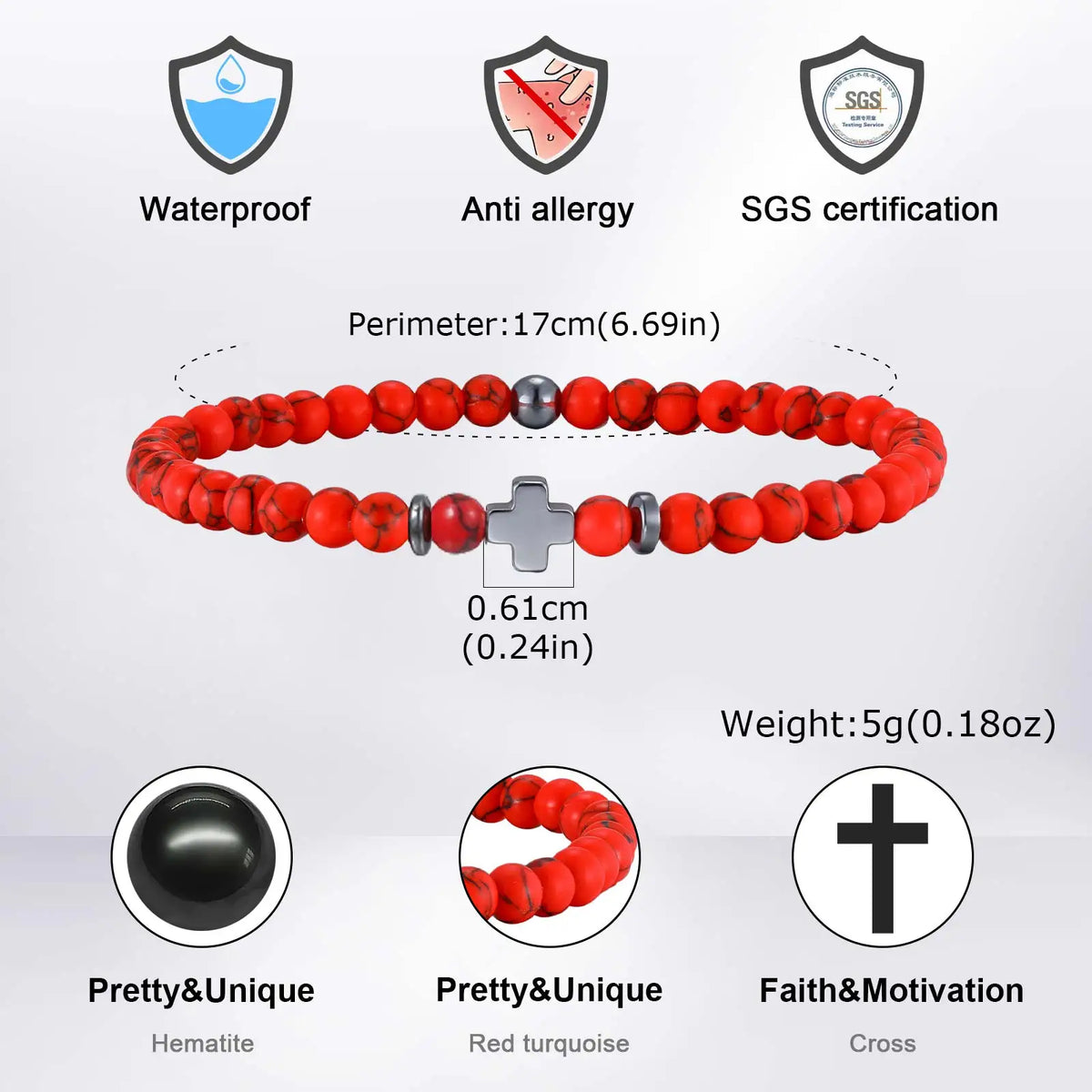 Gallstone Cross Beaded Bracelet for Men Boys,4mm Red Pine Stone Black Onyx Elastic Wristband,Simple Stackable Jewelry