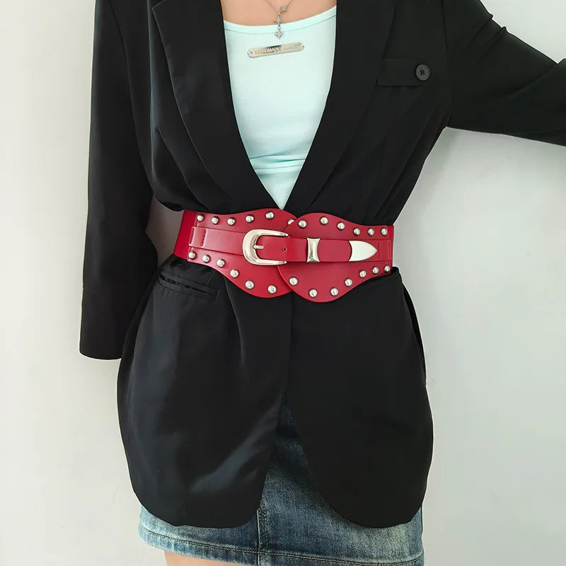 Retro Ladies Pu Leather Corset Belt Gothic Style Elastic Rivet Cummerbund Tie Rope Punk Accessory for Women Shirt Dress Belt