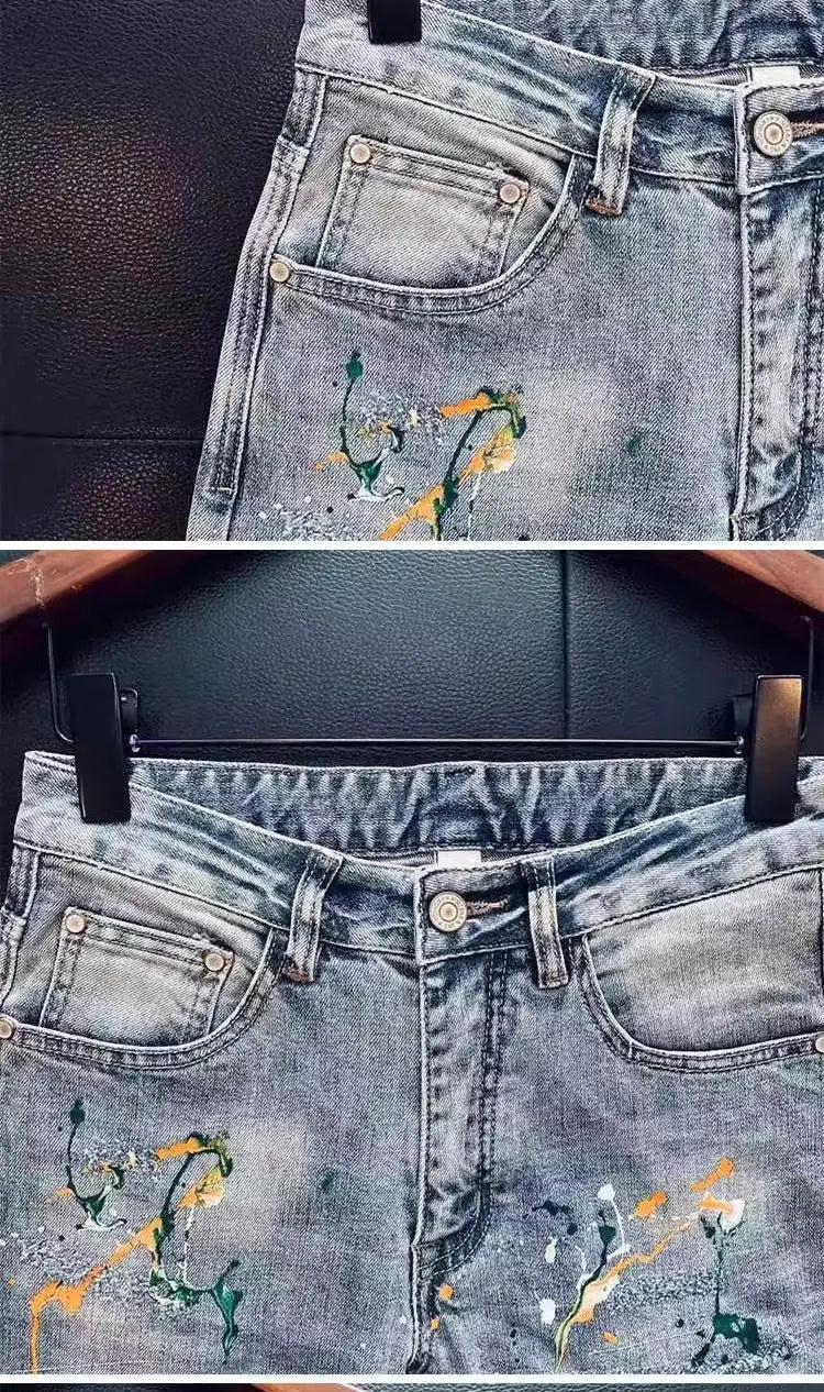 High-end Luxury Clothing Light Blue Jeans Men Fashion Ink Splatter Autumn Slim Pencil Pants Spring Autumn Designer Denim Jeans