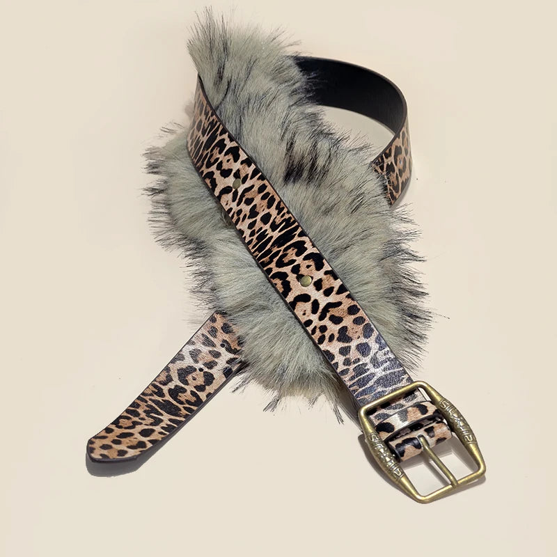 Retro Punk Style Furry Belt For Women Niche Y2k leopard print Belt For Skirts And Jeans American Western Cowboy Waistband