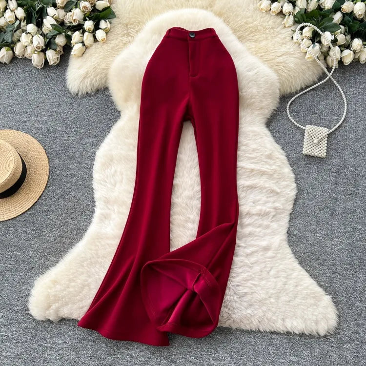 High waisted slim fit micro flared pants women in spring new design sense casual versatile solid color straight leg pants