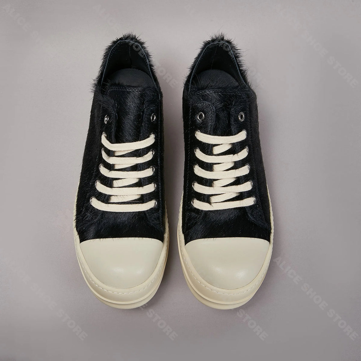PENDRA Dark Fur Black Horsehair Leather Low-Top Lace-Up Thick-Sole Sneakers