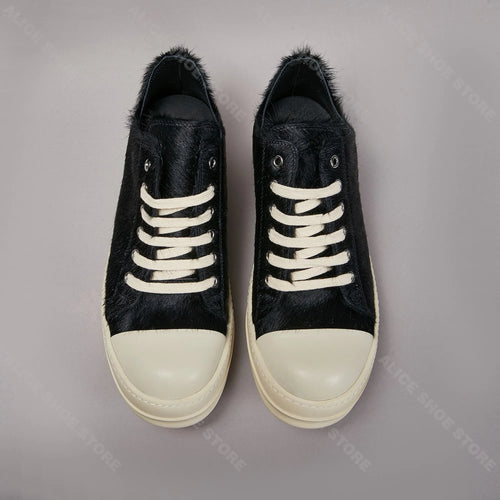 Brand Casual Women Shoe Horse Fur Leather Dark Men Sneaker Black Low Top Lace Up Quality Designer Fashion Thick-sole Flat Shoe