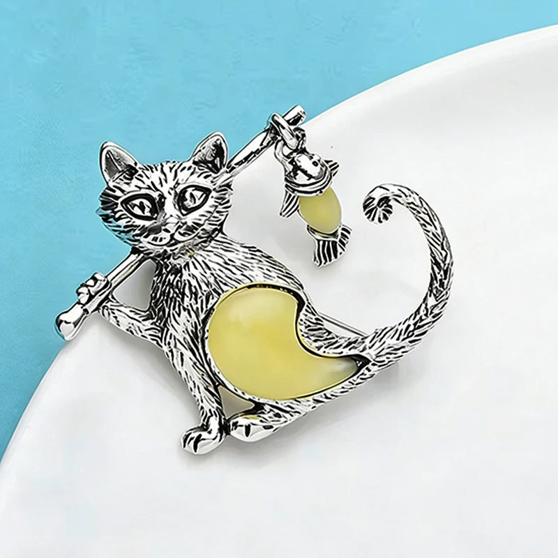 PENDRA Cat with Fish Enamel Brooch