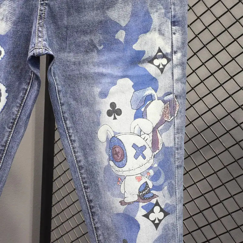 Spring and Autumn 2025 Elastic Slim Small Foot Jeans Men's Korean Trendy Versatile Luxury Clothing Trendy Graffiti Printed Pants