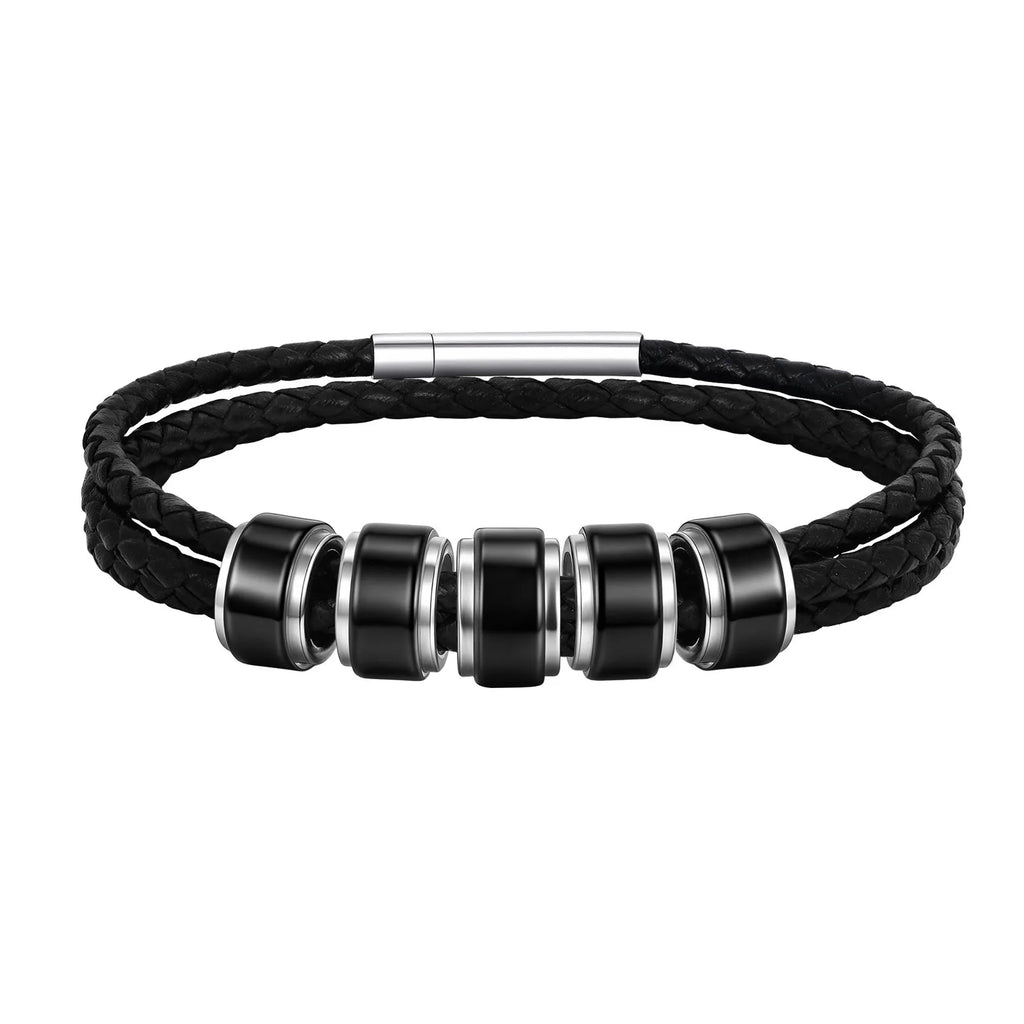 Customized Baeded Bracelets for Men Boys,3-Layers Leather Bracelet with Stainless Steel Tube,Jeweley Gift for Dad Husband