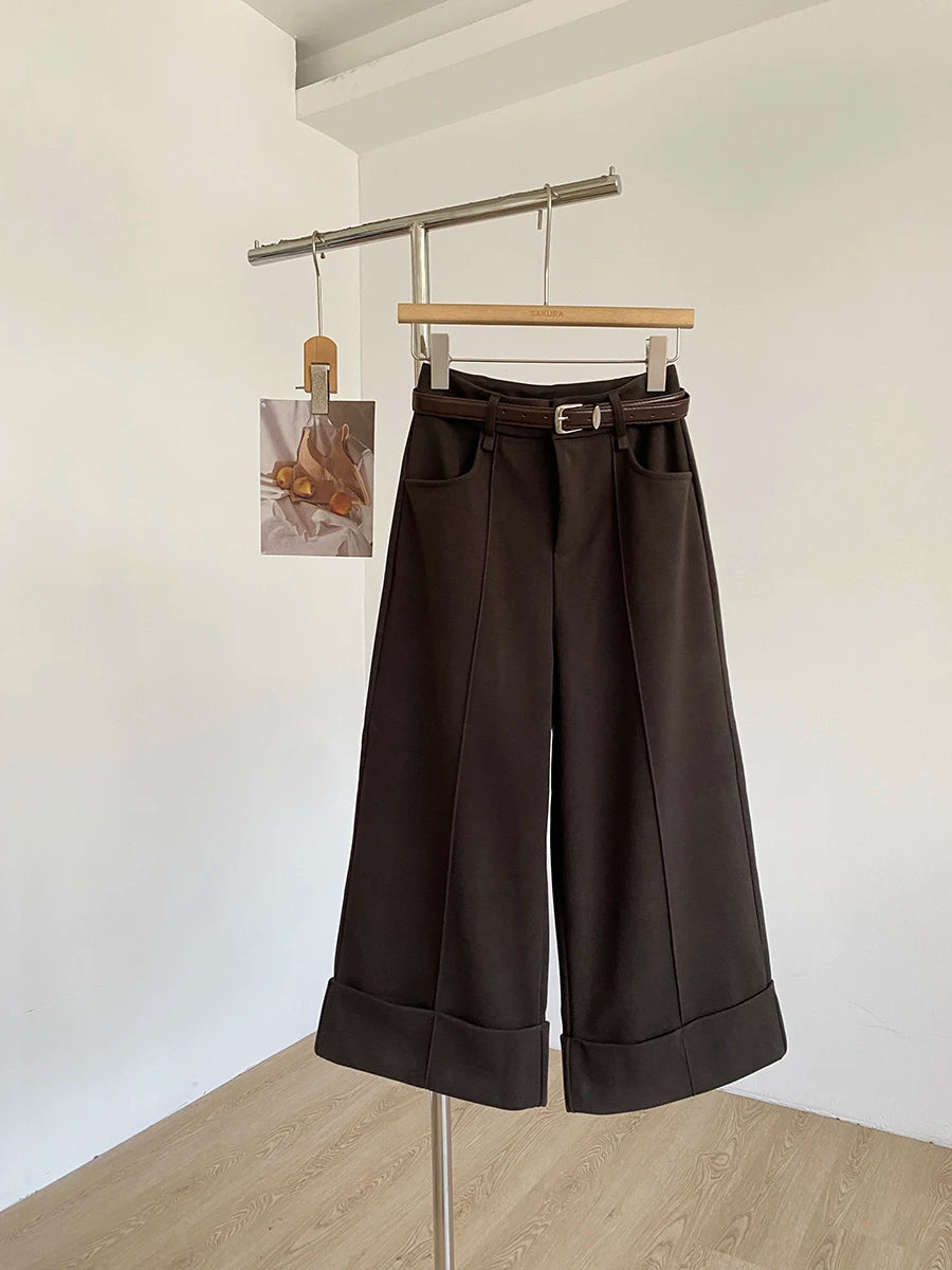 Retro design with rolled edge high waist casual pants 2025 autumn new slim fit and versatile wide leg pants for women