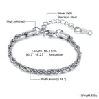 2/3/4/5mm Twist Rope Chain Bracelet for Men Women,Casual Stainless Steel Adjustable Chain Wristband,Gold/Siver Color Chain