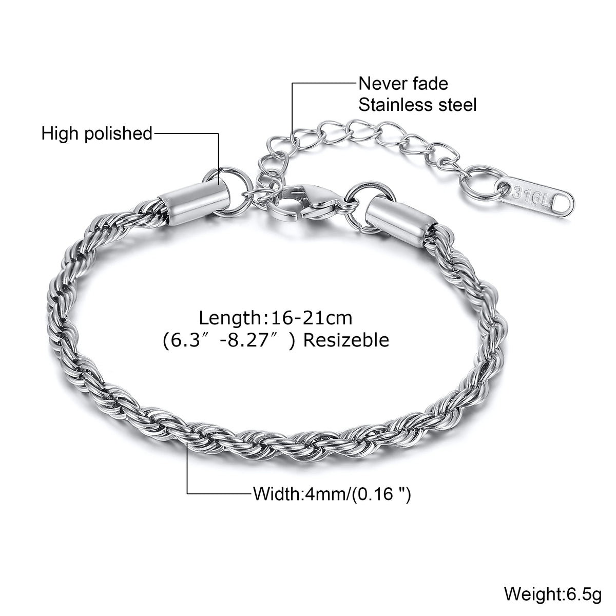 2/3/4/5mm Twist Rope Chain Bracelet for Men Women,Casual Stainless Steel Adjustable Chain Wristband,Gold/Siver Color Chain