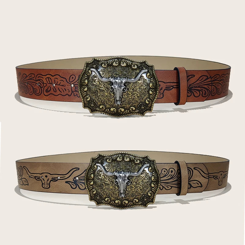 Western Leather Jeans Belts Plus Size Bull Buckle Cowboy Longhorn Bull Pattern Buckle Belt Floral Engraved Buckle Belt for Men