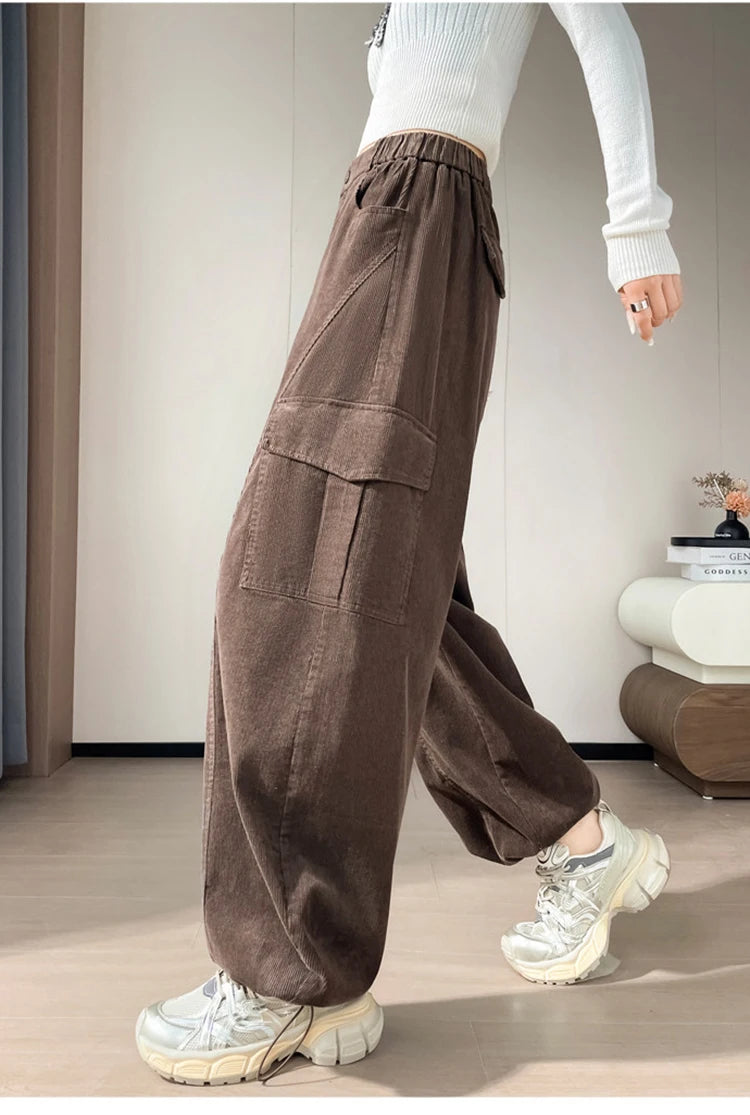 Corduroy cargo wide leg pants women in winter 2025 new high waisted loose fit slimming and ankle tied casual pants