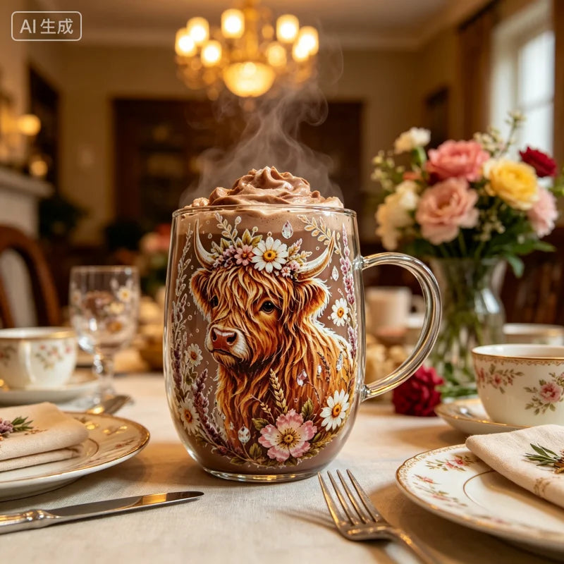 Vintage Highland Cattle Flower Sticker Glass,Double Layer Heat-resistant Coffee Cup,Home Office Drink Cup Collection Decorations