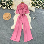 Fashionable casual lapel collar short sleeved cinched waist jumpsuit women's summer new solid color wide leg long pants