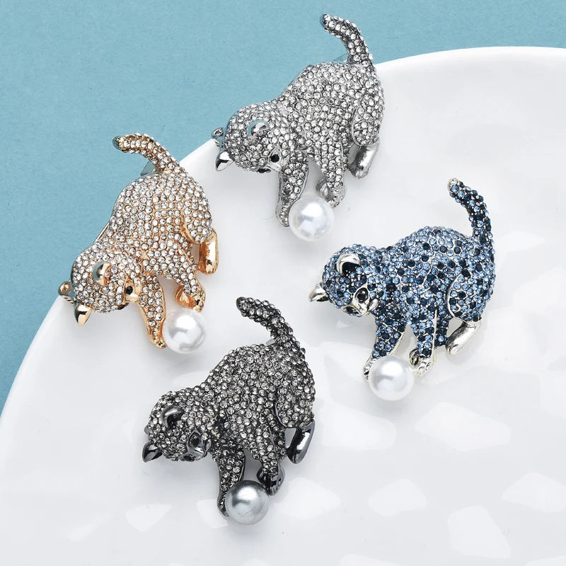 Wuli&baby Lovely Playing Ball Cat Brooches For Women Unisex 4-color Shining Rhinestone Pets Animal Party Casual Brooch Pins Gift