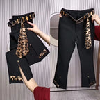 Spring Autumn new color blocking elastic micro bell pants for women high waist slim with leopard print flared cropped pants 2025