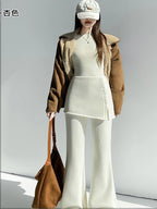 Fake two pieces fart curtain slightly flared pants women autumn winter high waisted buttons slimming floor hugging pants