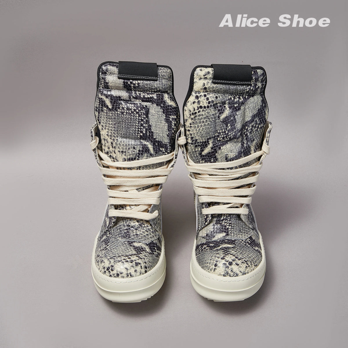 PENDRA Python Ash Grey Python-Embossed Leather High-Top Platform Ankle Boots