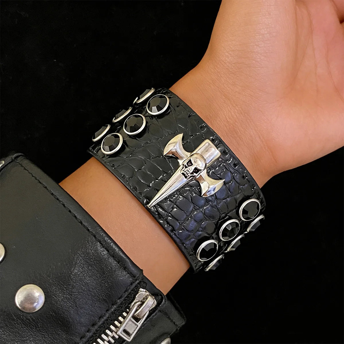 Punk Bracelet for Men Women Set Pu Leather Skull Star Gothic Black Wristband with Metal Spike Studded- Spike Rivets Bangle