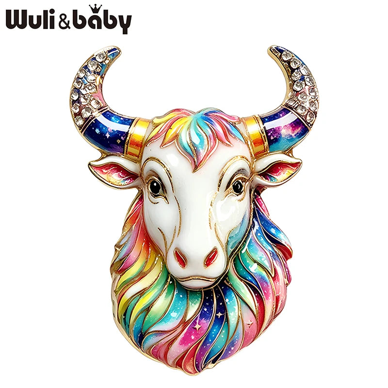 PENDRA Taurus Crest Rhinestone Bull Brooch