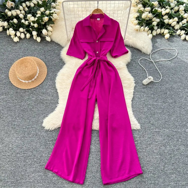Fashionable casual lapel collar short sleeved cinched waist jumpsuit women's summer new solid color wide leg long pants