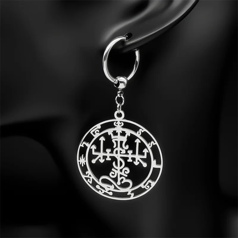 Gothic Symbol of Satan Hoop Earrings for Women Stainless Steel Silver Color Solomon Demon Seal Dangle Earring Jewelry E3592S06