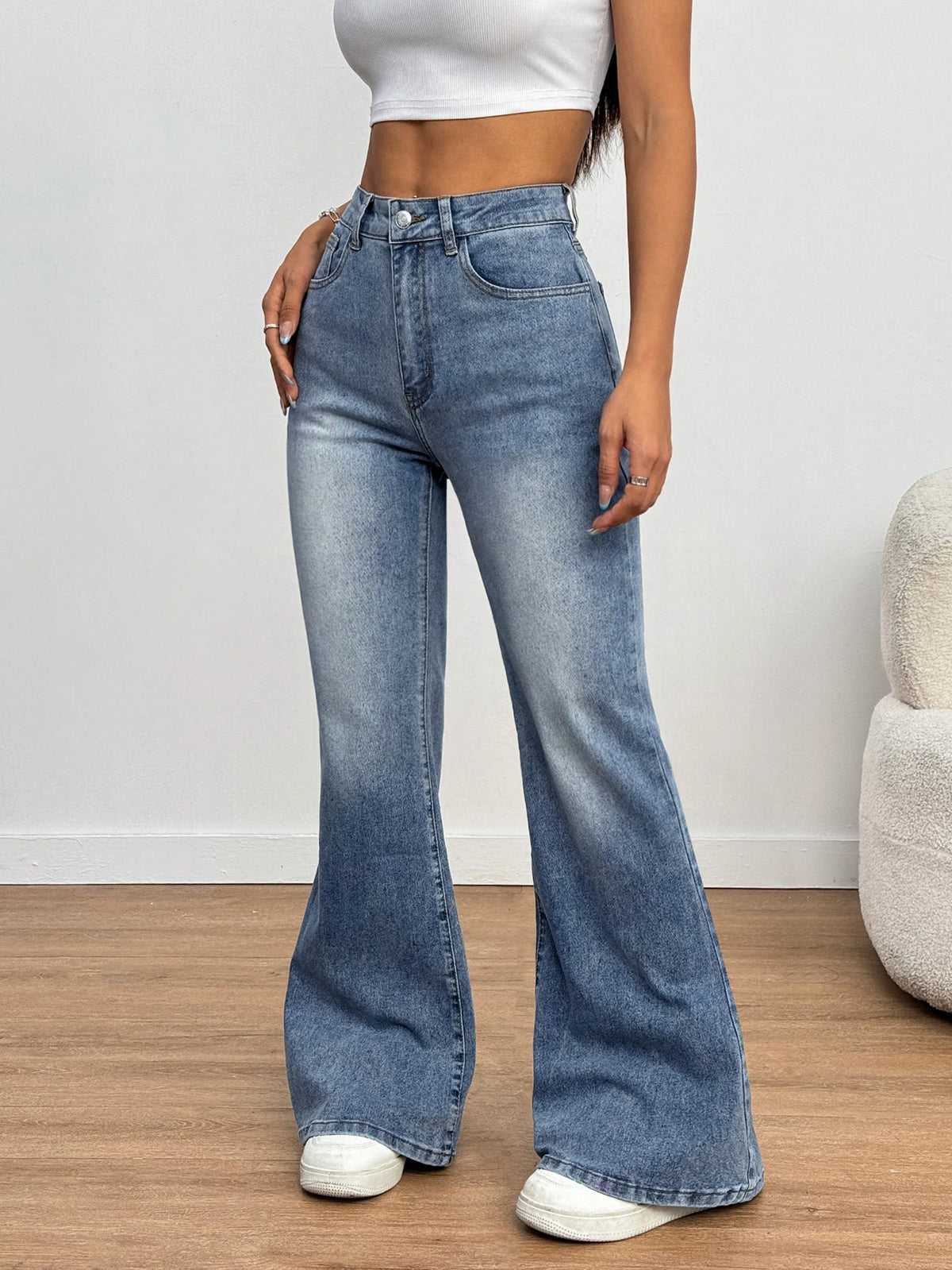 Women's High Street Fashion High-Waist Stretch Slim Fit Flared Pants, Simple and Versatile, Blue Long Pants