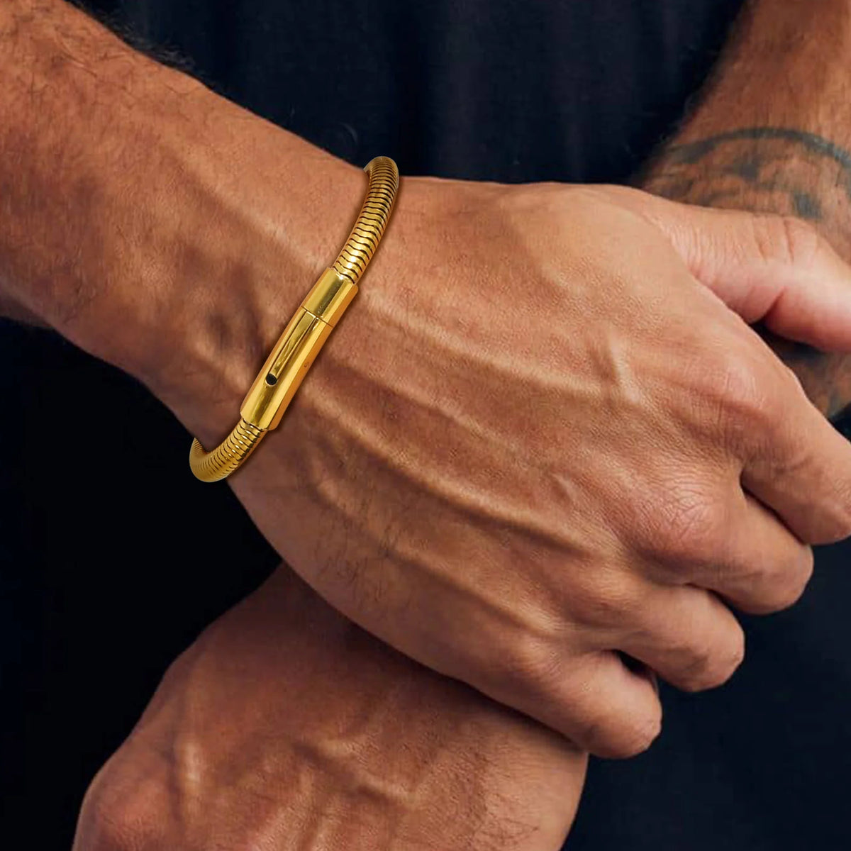 Punk Round Snake Chain Bracelets for Men Boys,Gold/Black/Silver Color Cylindrical Stainless Steel Bracelet,Male Jewelry Gifts