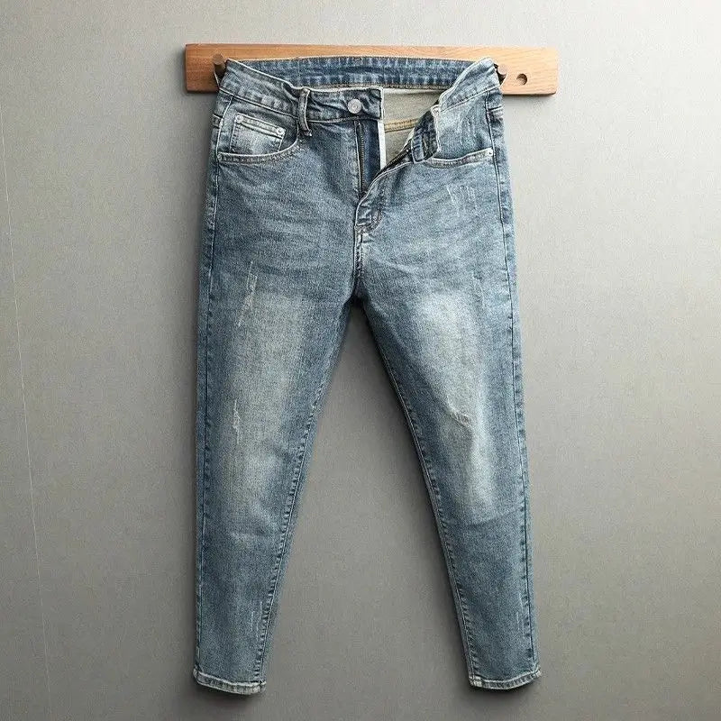 Men's Cropped Jeans Slim Fit Korean Trendy 2026 Spring Summer Blue Youth Trendy High-end Motorcycle Pants Men Man Trousers