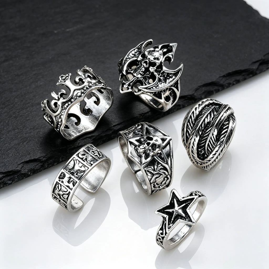 6Pcs Gothic Punk Open Ring Set for Men,Vintage Skull Bat Crown Star Adjustable Stackable Rings,Hip Hop Halloween Jewelry Gift