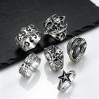 6Pcs Gothic Punk Open Ring Set for Men,Vintage Skull Bat Crown Star Adjustable Stackable Rings,Hip Hop Halloween Jewelry Gift