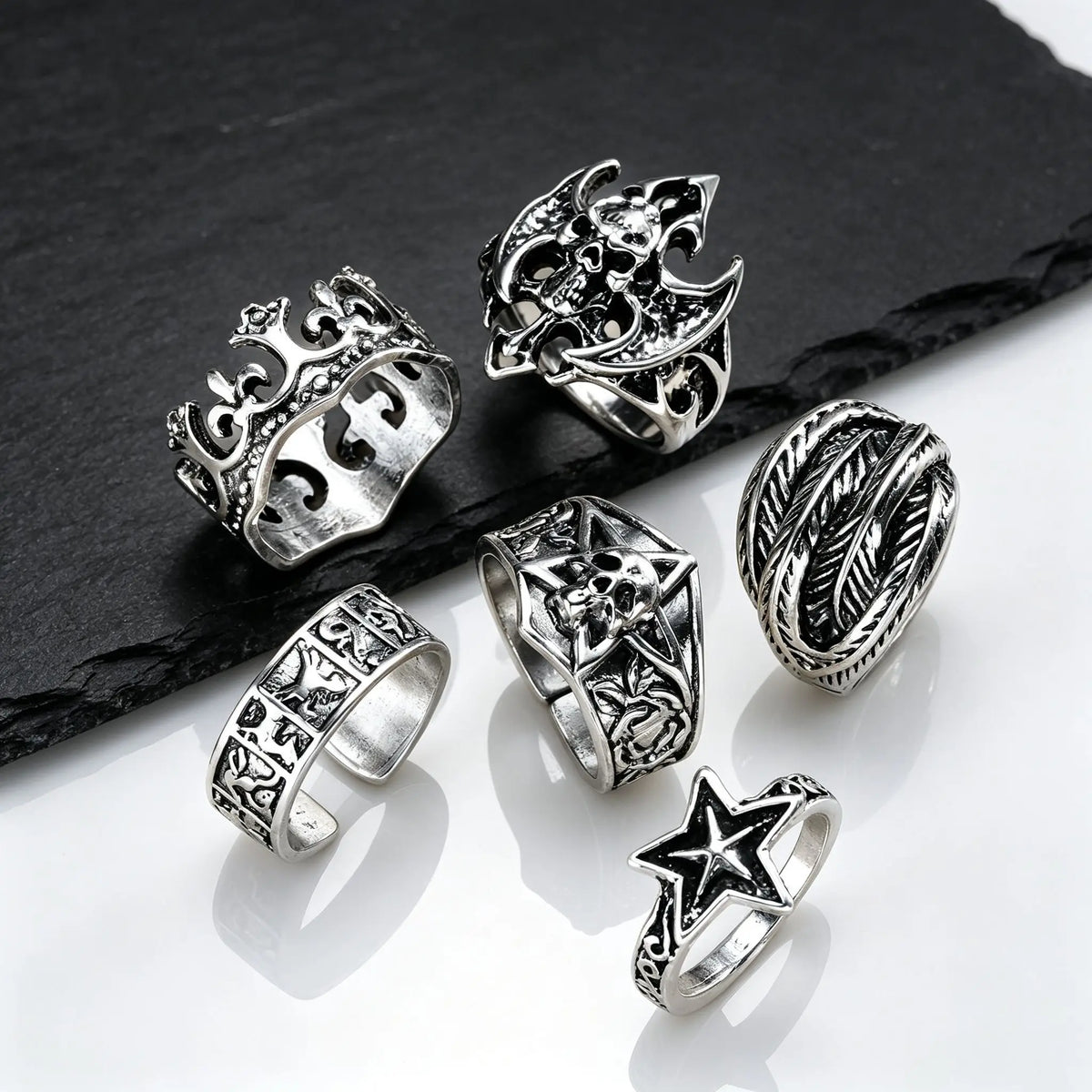 6Pcs Gothic Punk Open Ring Set for Men,Vintage Skull Bat Crown Star Adjustable Stackable Rings,Hip Hop Halloween Jewelry Gift