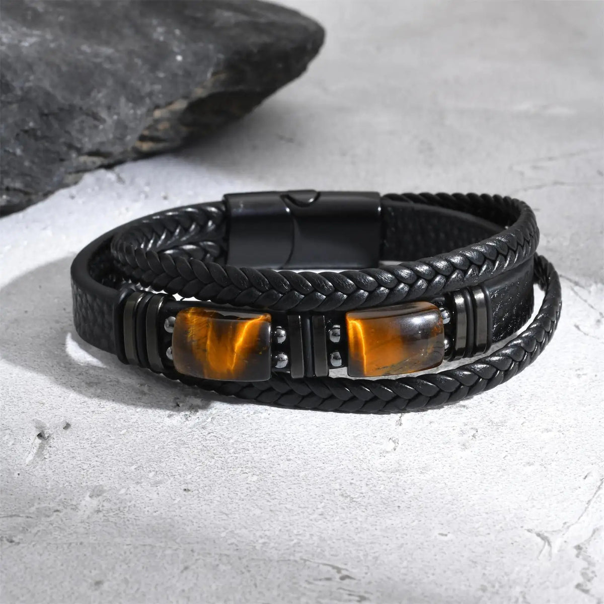 Chunky Leather Bracelet for Men Boys,Two Big Tiger Eye Natural Brown Stone Bracelets,Rock Punk Causal Jewelry Gifts