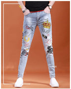 2025 Summer Ripped Jeans Men's Slim-fitting Small Feet Elastic Trousers Trendy Brand Fashion Scratched Patch Cargo Beggar Pants