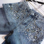 European Fashion New Heavy Industry Full Diamond Rhinestone Flash Denim Pants Women's Jeans Blue 2024 Spring Summer