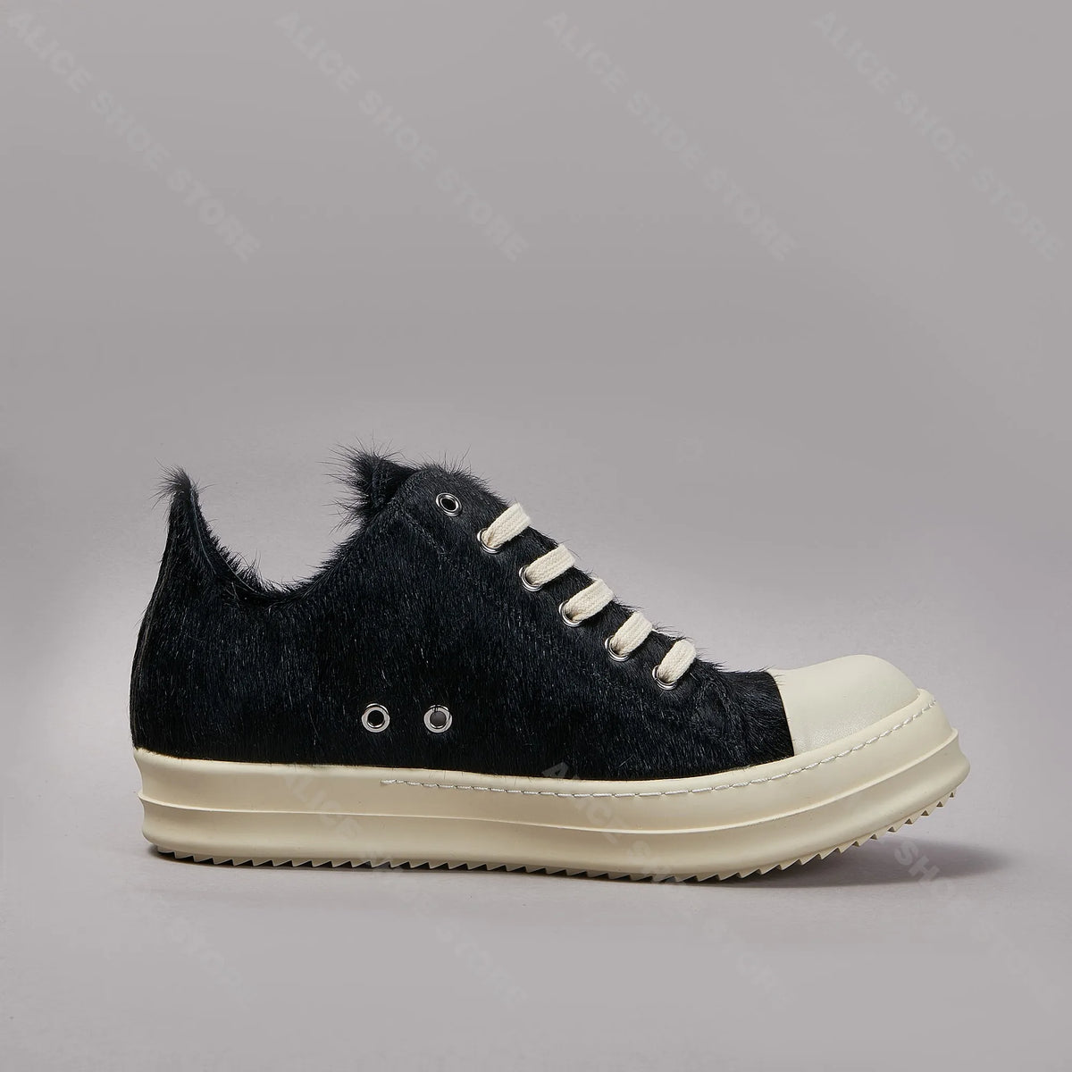 PENDRA Dark Fur Black Horsehair Leather Low-Top Lace-Up Thick-Sole Sneakers