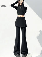 Fake two pieces fart curtain slightly flared pants women autumn winter high waisted buttons slimming floor hugging pants
